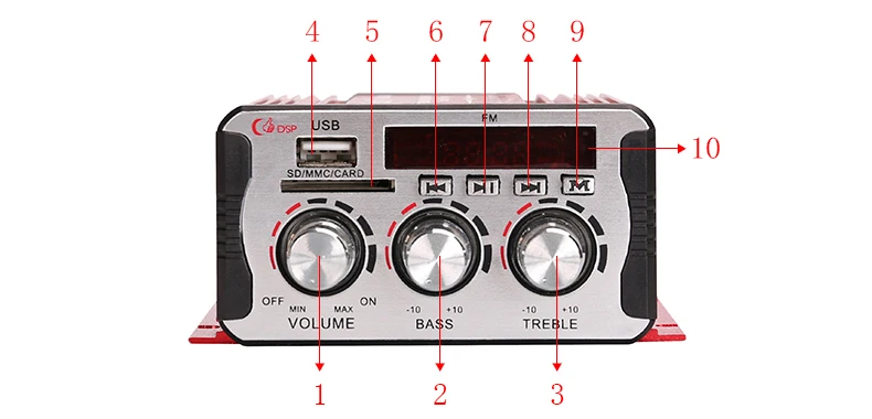 kinter MA-600 mini amplifier audio 2.0 channel 25W with usb sd MP3 FM led digital display remote control connect speaker play stereo sound adjust bass treble DC 12V power input red aluminum enclosure (4)