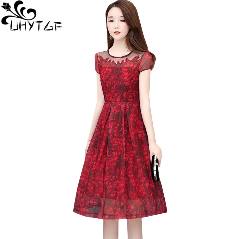 

UHYTGF 5XL plus size dresses women fashion lace summer dress elegant lady chiffon dress Red Blue gauze pullover party dresses605