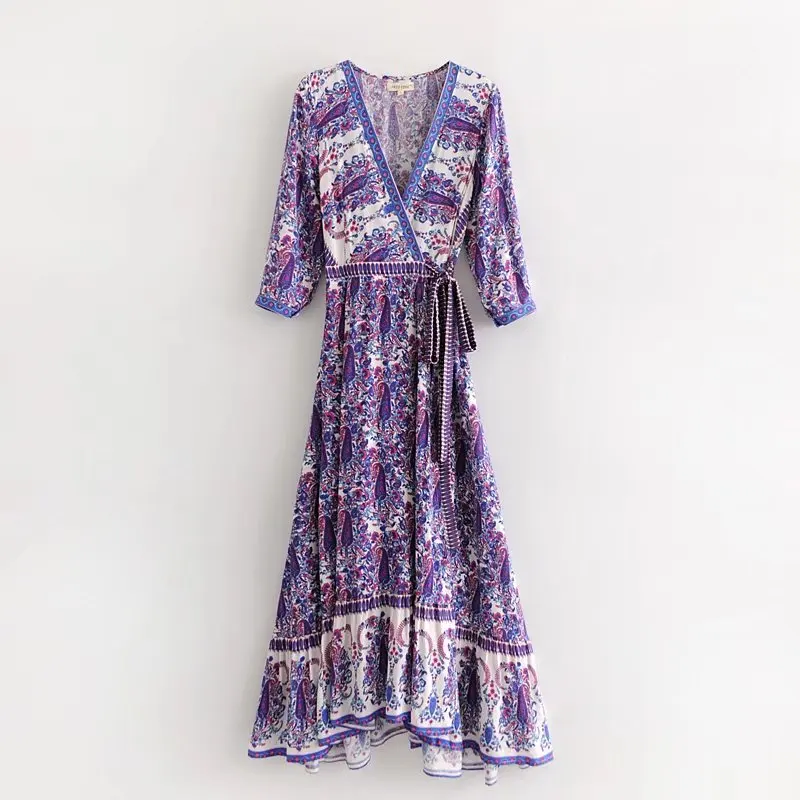 

PERHAPS U violet print bohemian boho 3/4 sleeve deep v neck sash wrap dress maxi long D0677