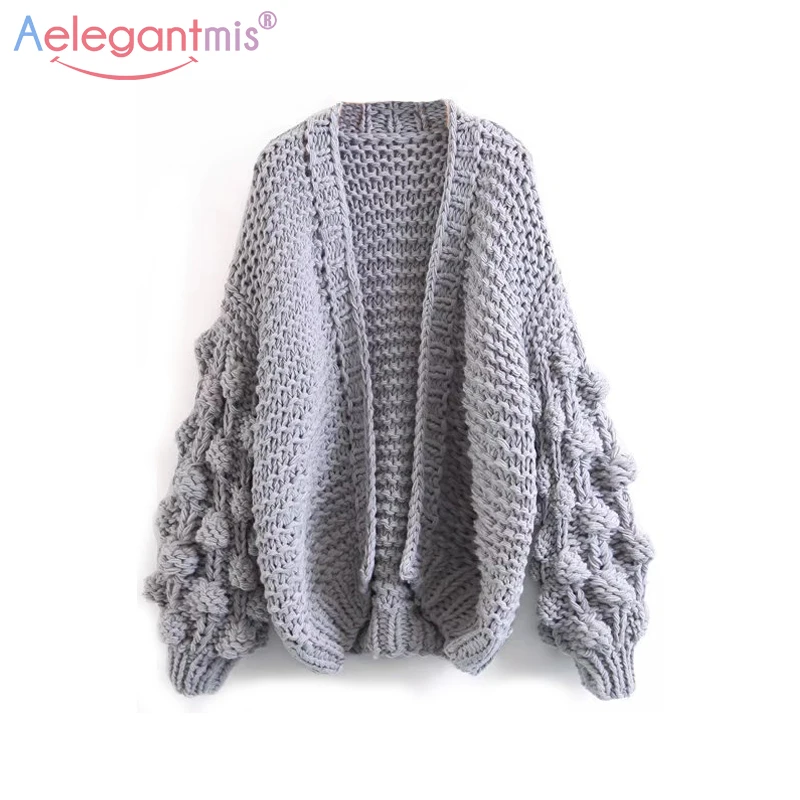 

Aelegantmis Autumn Winter Knit Outwear Women Loose Lantern Sleeve Handcrafted Knitted Sweater Female Casual Cardigan Plus Size