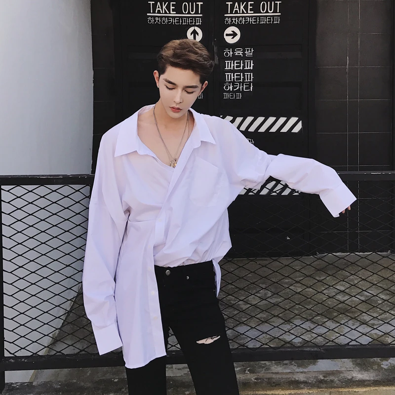 Mixcubic 新 17 秋のカレッジスタイルユニークなフロント非対称長さムフィットデザインシャツメンズロングセクションカジュアルルーズシャツ Designer Shirts Men Shirt Menshirt Men Design Aliexpress