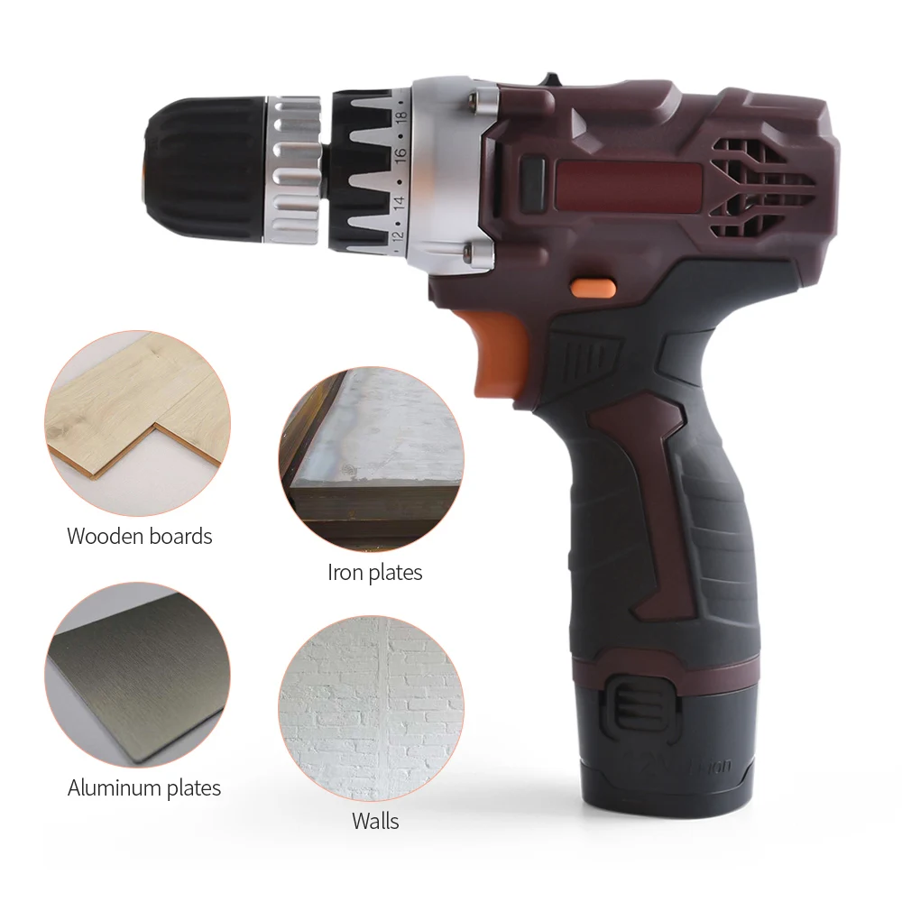 

12V Double Speed Cordless Rechargeable Electric Drill Lithium Battery Powered Electric Hand Drill with 2pcs Batteries