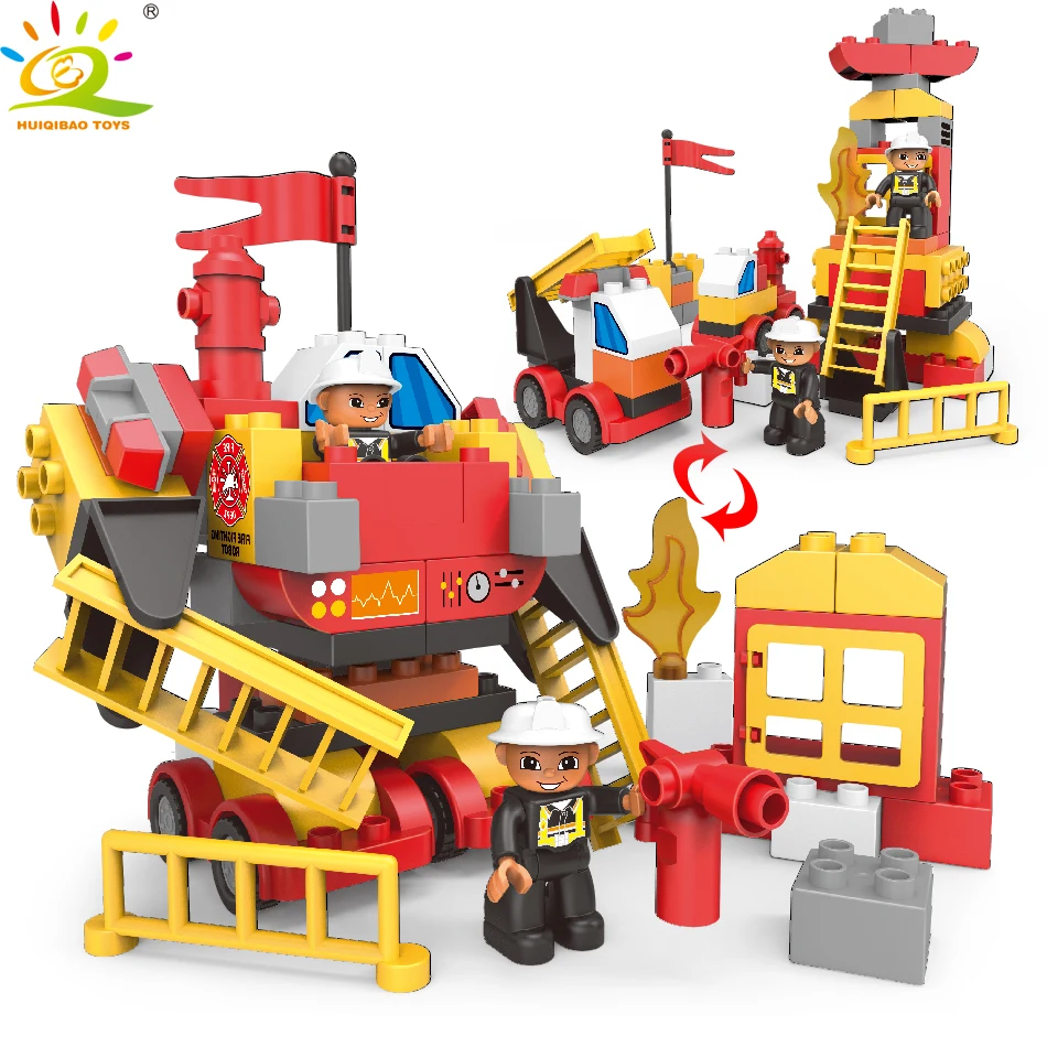 

HUIQIBAO TOYS 63pcs City Fire Station Robot Transform Big Building Blocks For Kids Legoingly Duploed Fire Truck Fireman bricks