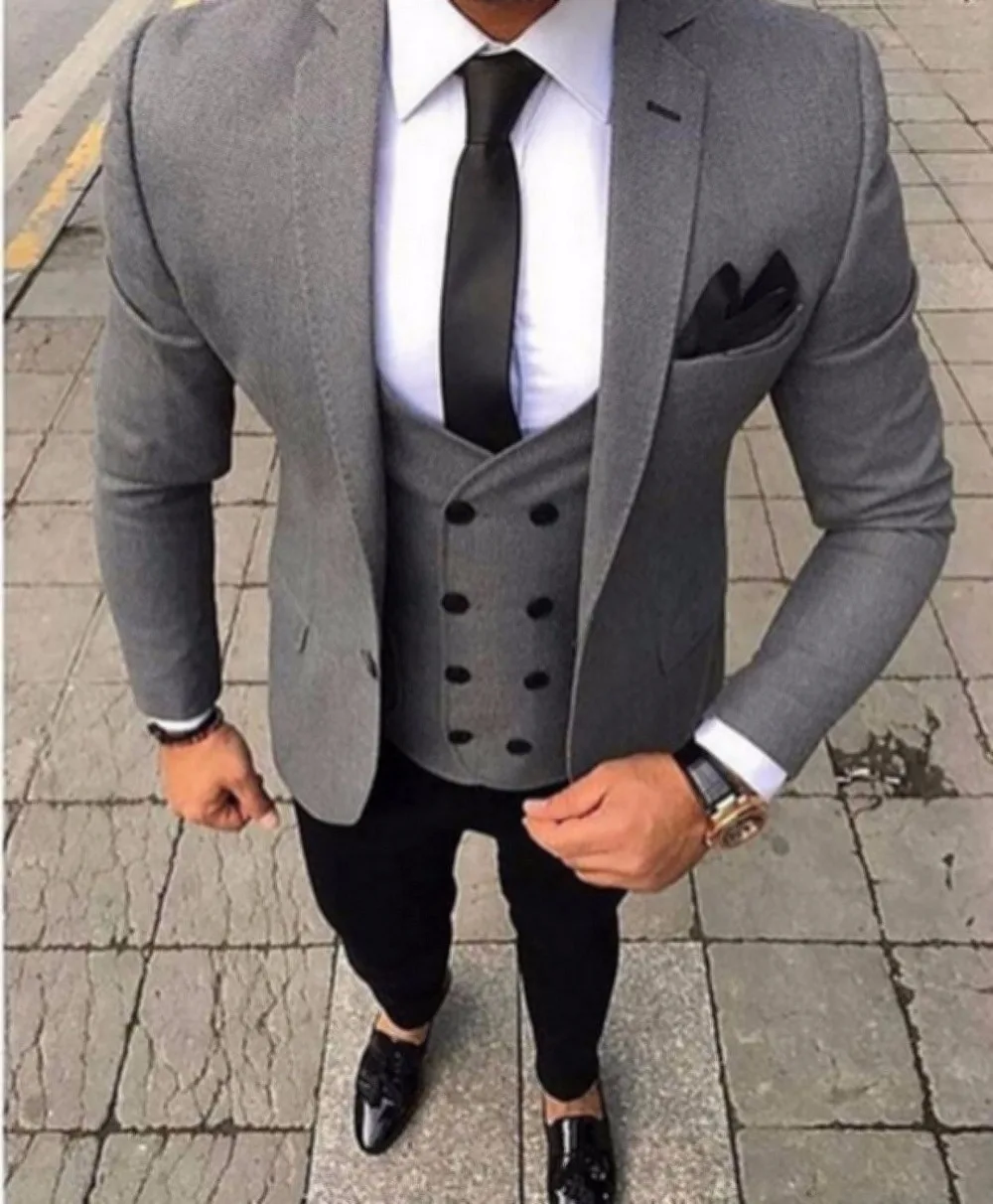 Brand Tailored Smoking Grey Men Suit Slim Fit 3 Piece Tuxedo Groom Wedding Suits Jacket Prom Blazer Terno Masculino