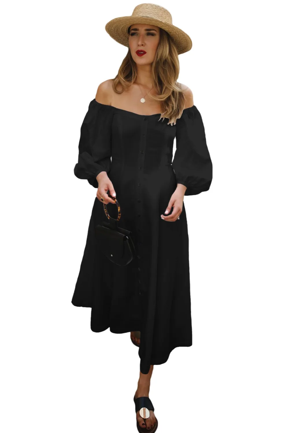 Black-Off-Shoulder-Puff-Sleeve-Button-Front-Vintage-Dress-LC610287-2-1
