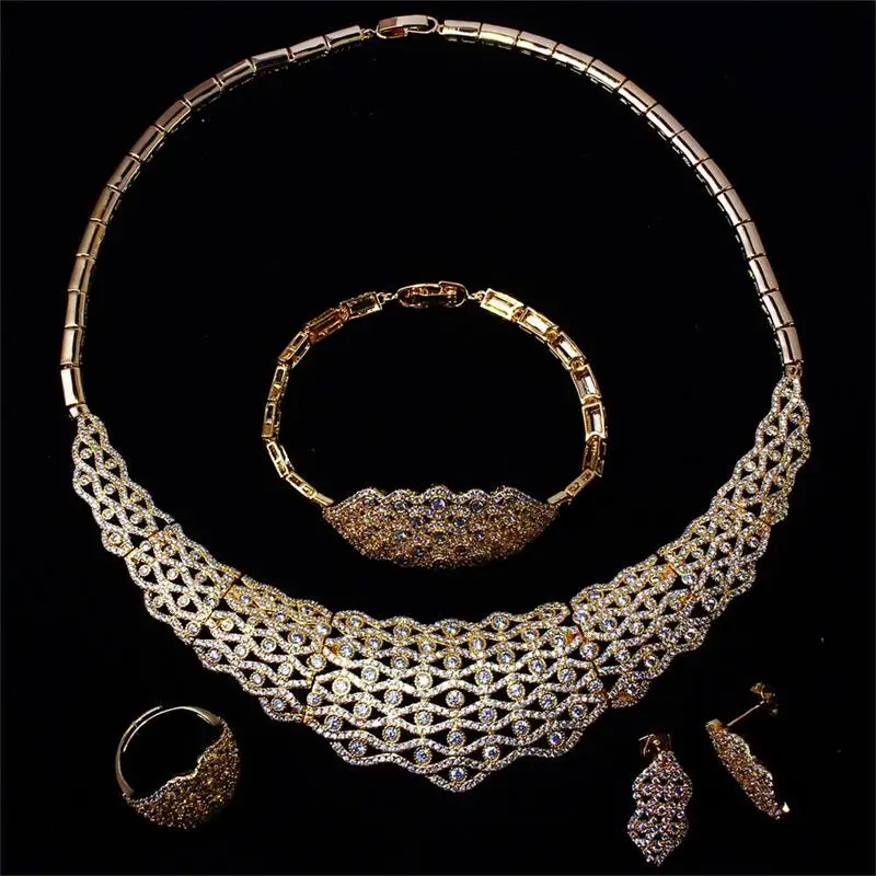 

Women Elegant and Luxury White Round Shape Cubic Zircon Necklace Bracelet Ring Wedding Jewelry Set