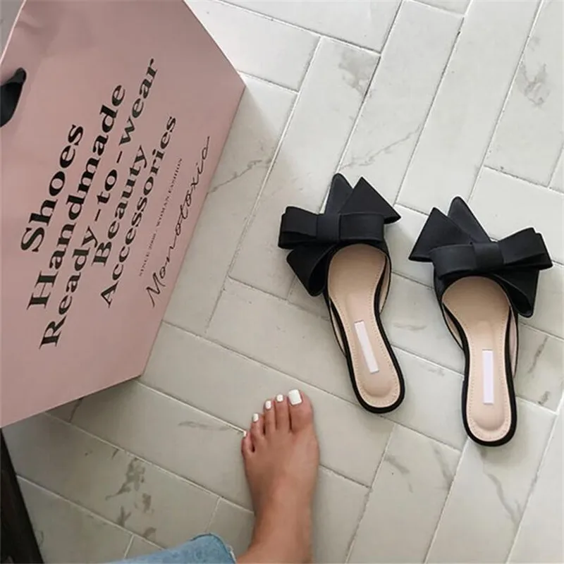

2019 Summer Women's Casual Bow Flat Slippers Female Fashion Pointed Toe Beach Slides Shoes Woman Sexy Flip Flops Roman Sandals