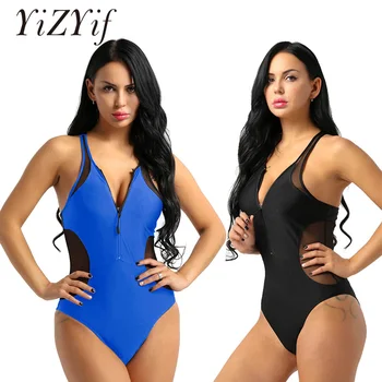 

YiZYiF Women Leotard Bodysuit Adult One-piece Swimsuits Sleeveless Round Neck Front Zipper Racerback Stretch Solid Bathing Suits