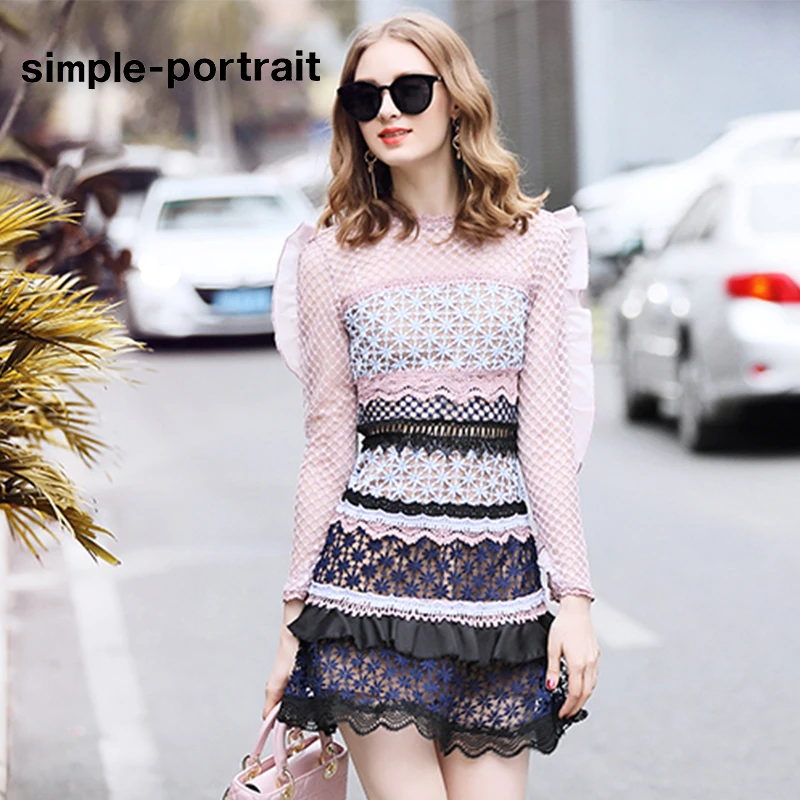 

SP Self Portrait 2019 New Long sleeve lace mini dress floral hollow out sweet sexy party patchwork women dresses