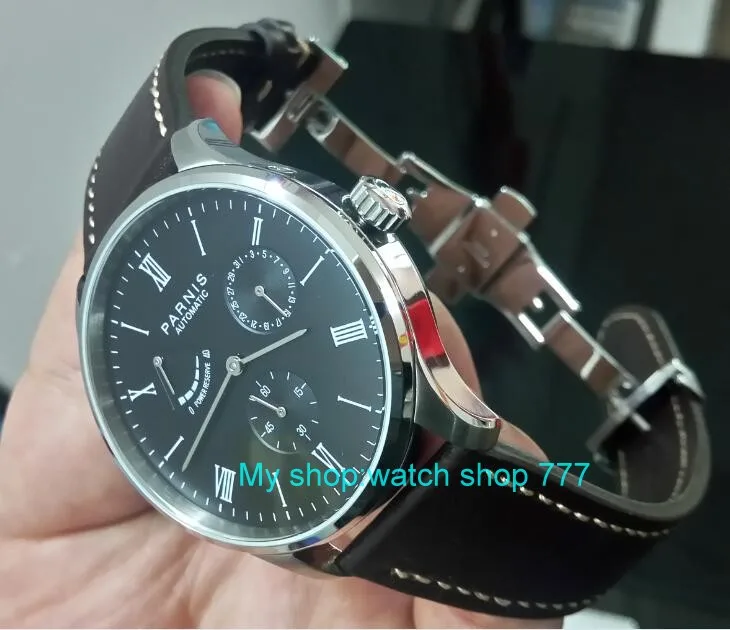 

PARNIS 40mm black dial Automatic Self-Wind movement power reserve men's watch Auto Date butterfly buckle Mechanical watch 352a