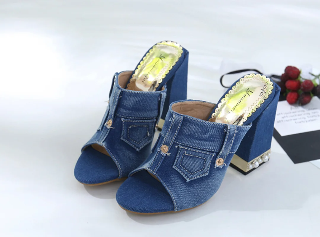 

Womens Peep Toe Denim Jeans Pearls Wedge Super High Heel Slingback Slipper Summer Sandals Shoes Button Black Blue A9