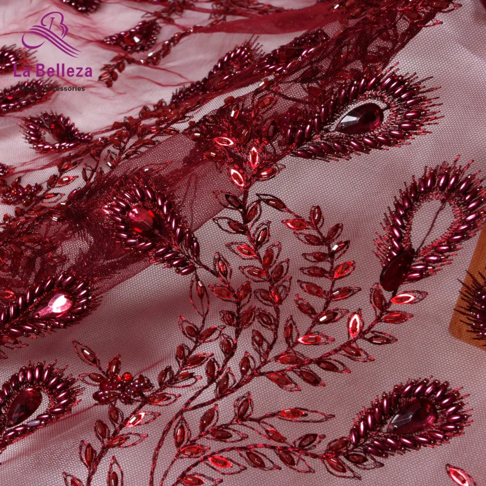 1 ярд Новое поступление Вина Ручной работы Бусины на сетке вышивка свадебное платье кружевной ткани 130 см Ширина