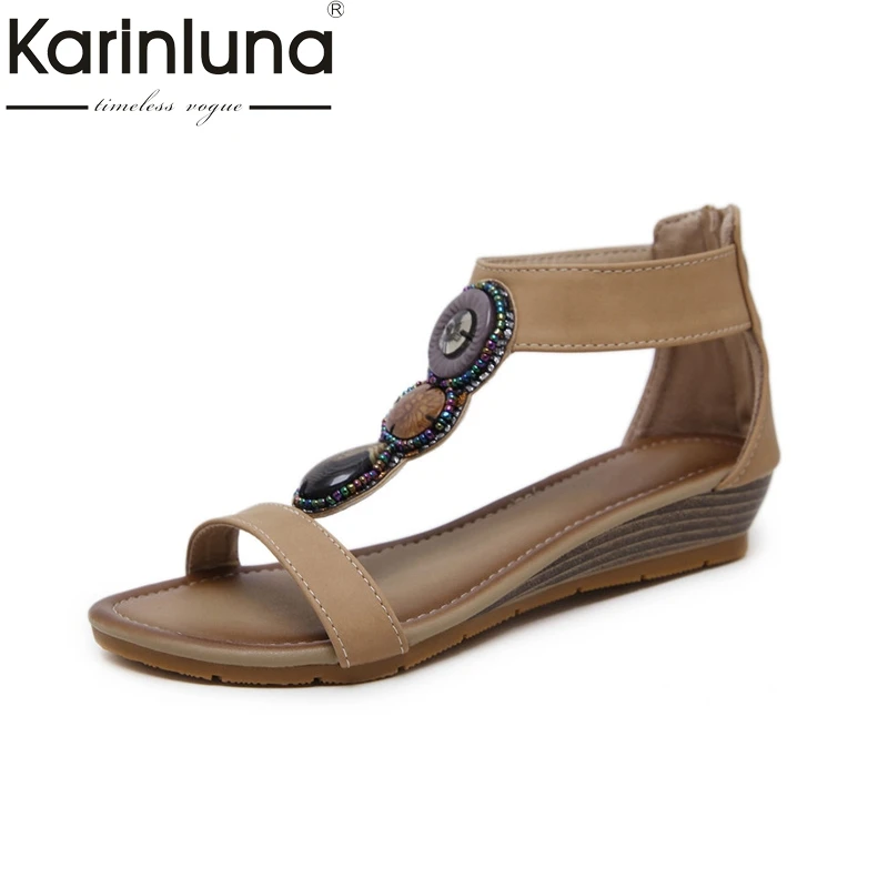 

KarinLuna 2018 Women's Bohemia Rhinestone Bead Summer Shoes Woman Comfortable Wedges Open Toe Sandals Big Size 35-42