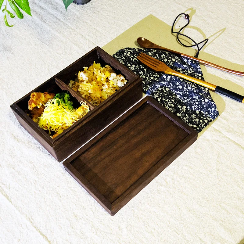 Дерево Коробки для обедов Япония суши Bento Lunchbox Портативный Еда контейнер для хранения фруктов черный орех не краска Посуда Столовая посуда набор