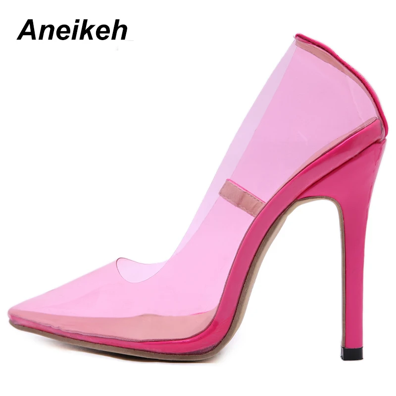 Aneikeh/прозрачные туфли-лодочки из ПВХ; Каблук из плексигласа; стилеты на высоком каблуке с острым носком; женская обувь для вечеринок; туфли-лодочки для ночного клуба; Классический розовый цвет