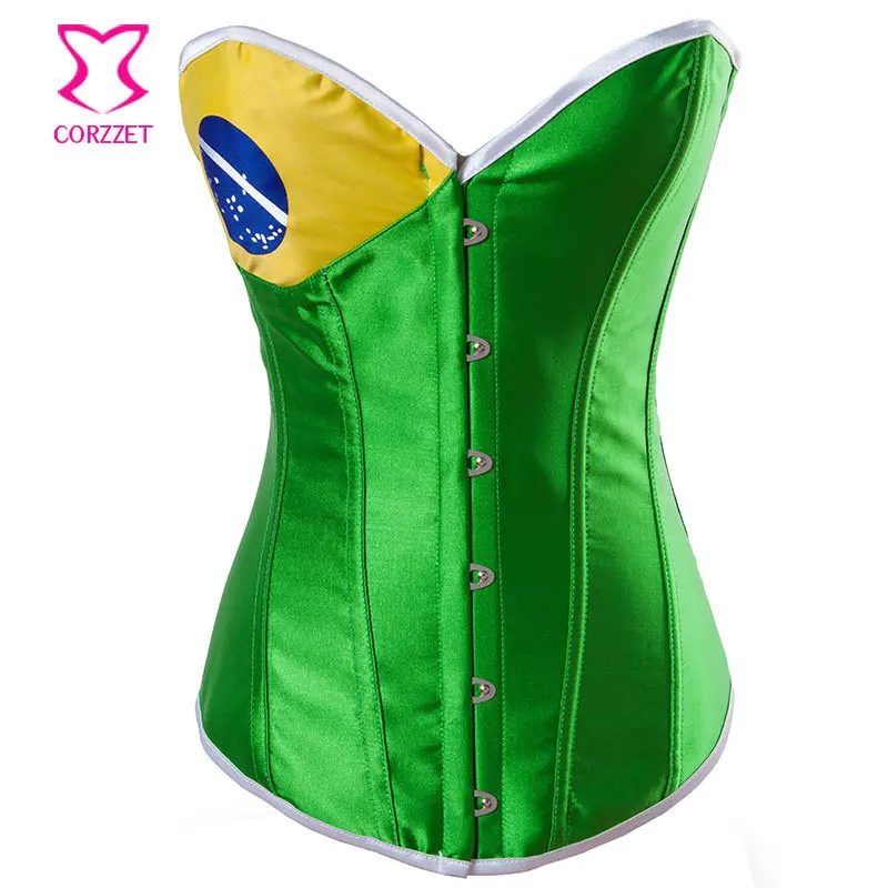 

Green Brazil Flag Print Satin Espartilhos Corset Corselet Overbust Corpete Waist Slimming Gothic Corsets And Bustiers For Women