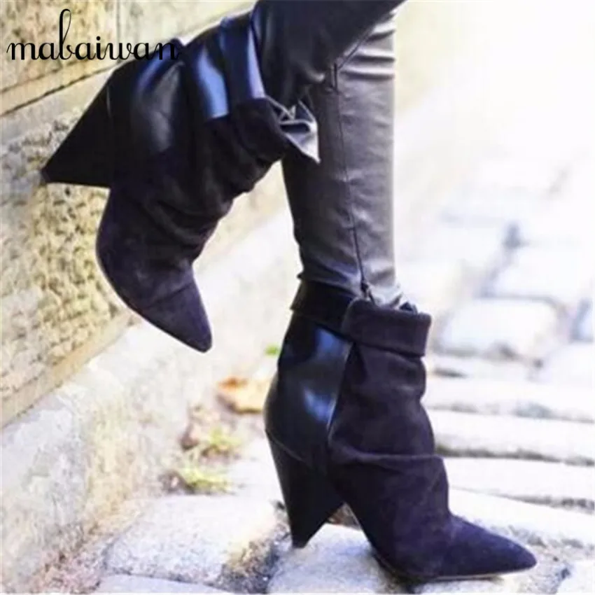 2017 Autumn Wedge Shoes Women Ankle Boots Genuine Leather Short Booties Spike High Heels Black Brown Gray Boots Women Pumps