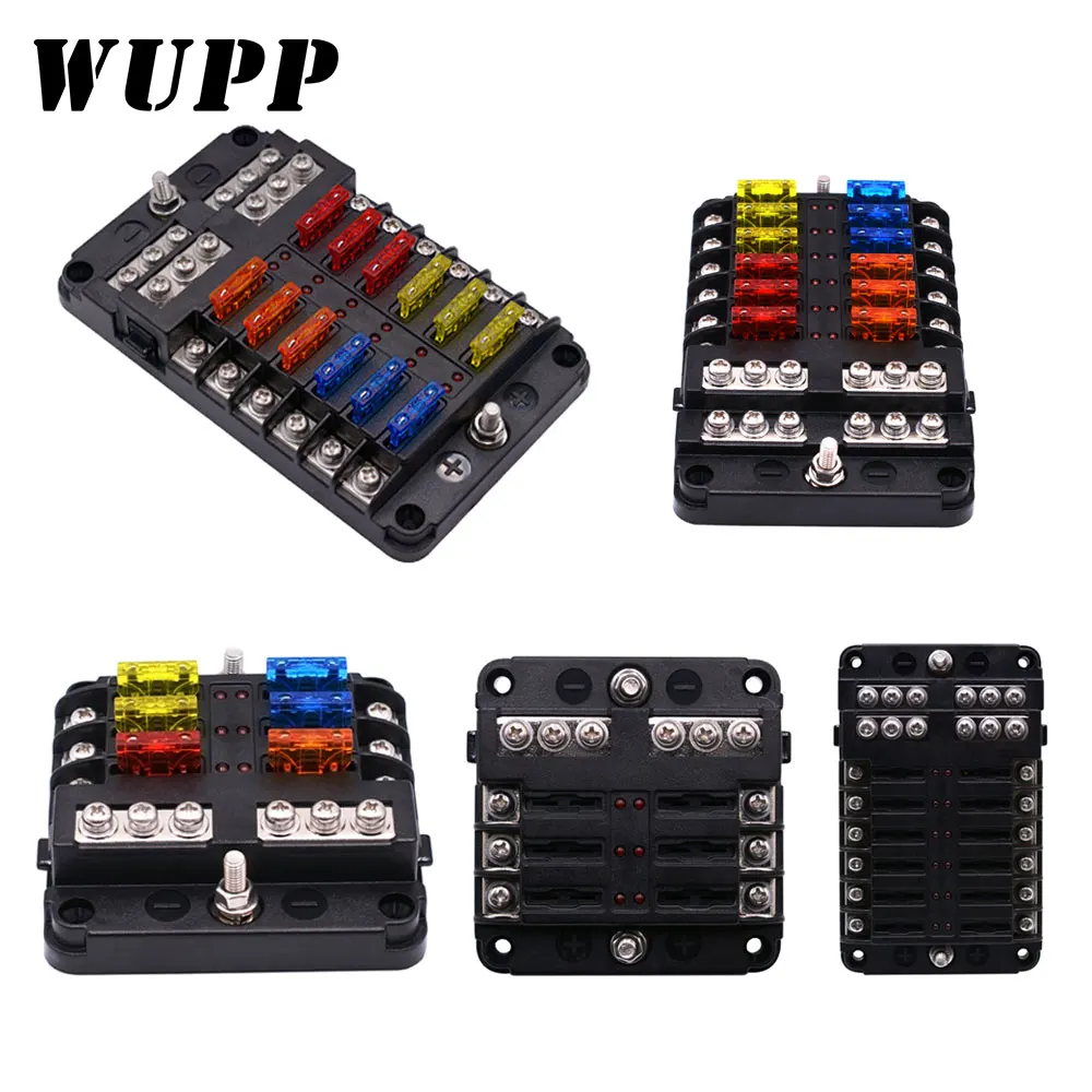 Prix WUPP 12V 32V couvercle en plastique fusible support de la boîte M5 goujon avec lumière de indicateur LED 6 voies 12 voies lame pour Auto voiture bateau Marine Trike