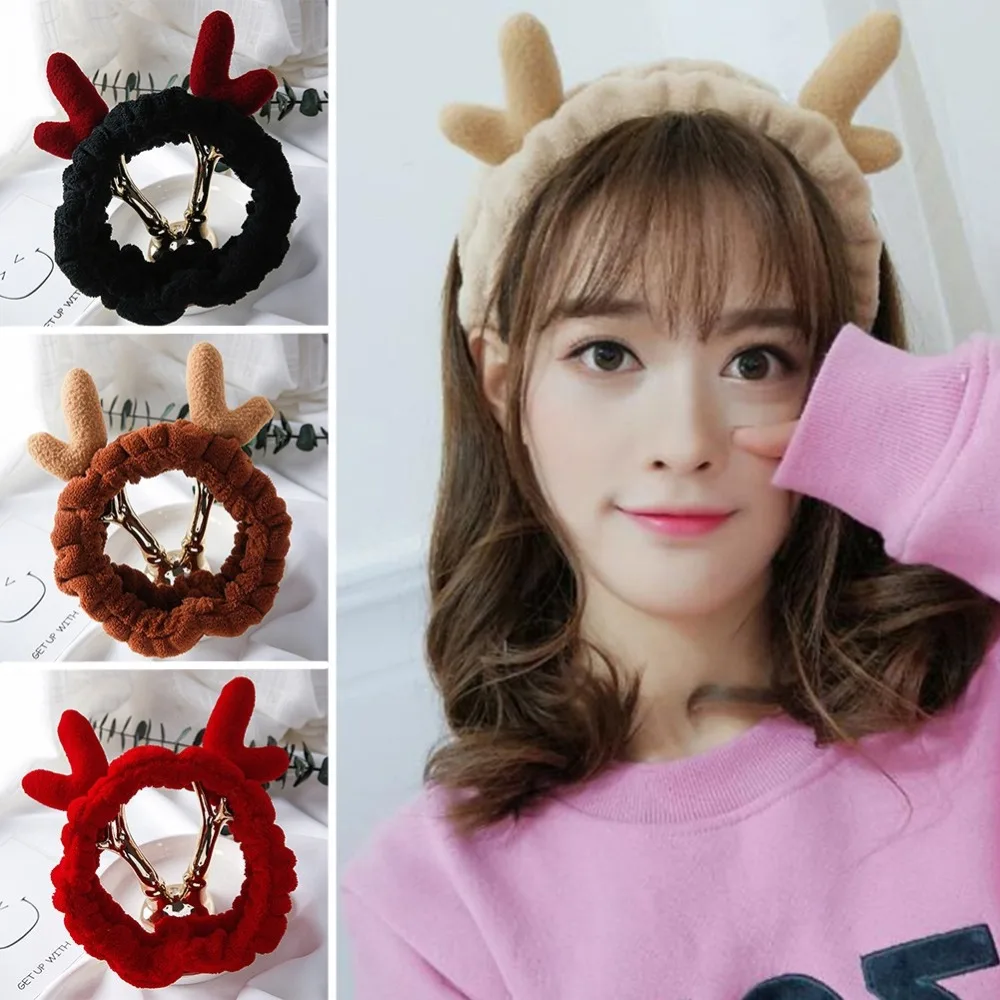 Women Girls Cute Soft Fleece Deer Antler Headbands For Makeup Head Wrap