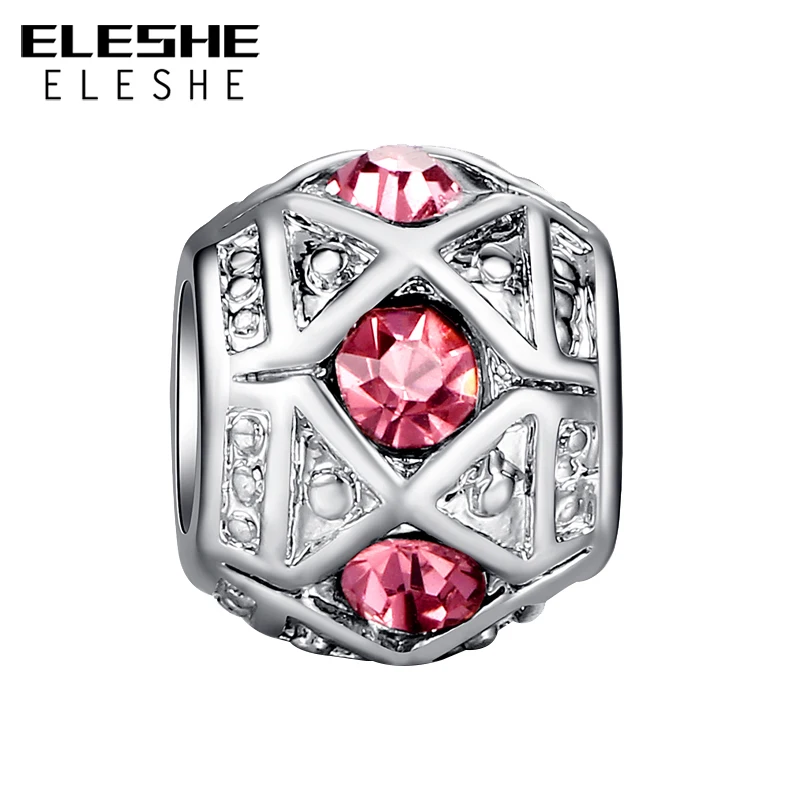 ELESHE Luxury Silver Color Sparkling Pink Crystal Spacer Beads Fit Original Charms Bracelet DIY Jewelry Accessories