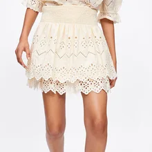 DEAT, европейский стиль, новинка, бежевая летняя тонкая юбка с вышивкой, короткая юбка, MF051