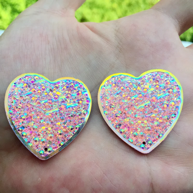 

34mm AB resin 2 holes Heart crystal flat back cothes shoes decorations rhinestones 6pcs -E063