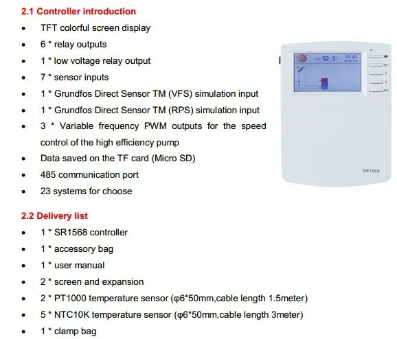 SR1568 контроллер системы солнечного отопления с TFT цветным экраном дисплей 23 системы на выбор