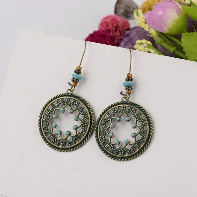 

New Vintage Round Flower Dangle Earrings For Women Summer Handmade Chinese Style Indian Ladies Earrings Oorbellen HQE1037