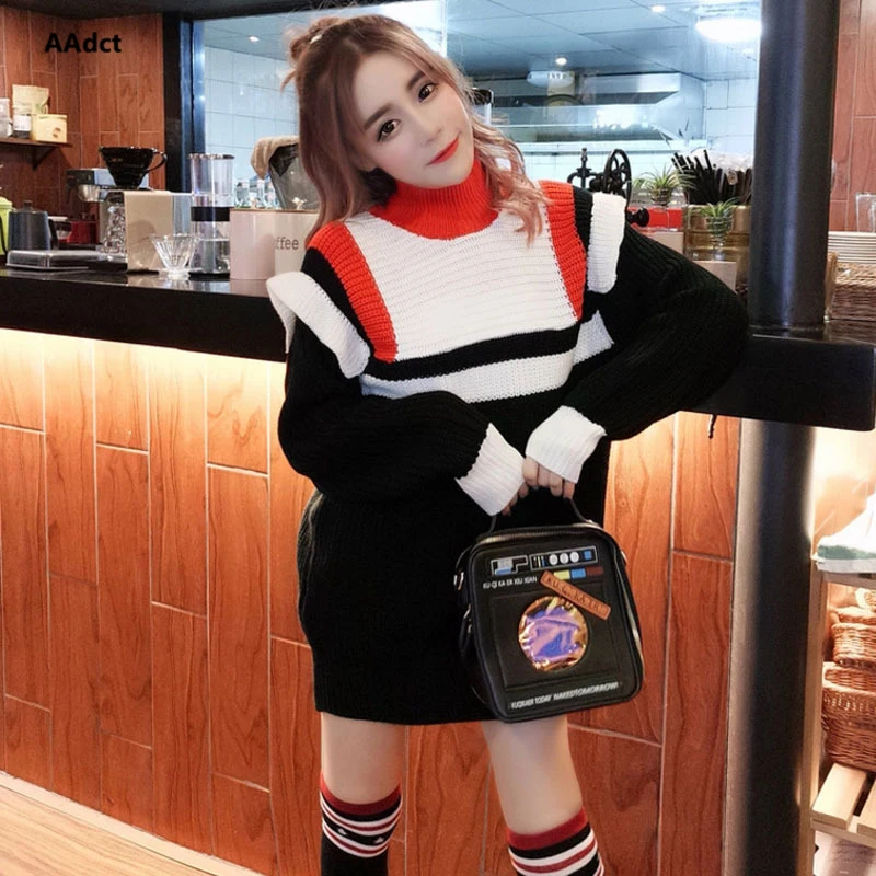 AAdct 2018 Autumn new women's fashion temperament color matching thick long sweater + stockings set female jumper Sweaters Sweaters