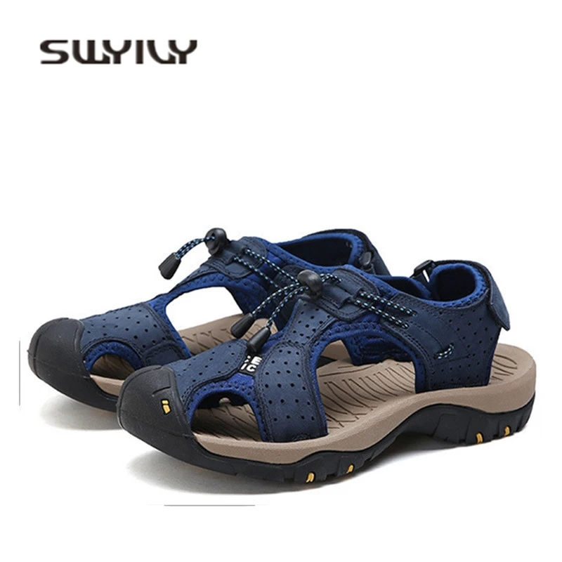 SWYIVY 45 46 Plus Big Size Men Sandals Genuine Leather 2018 New Quality Male Casual Shoes Toe Cover Leisure Vietnam Beach Sandal