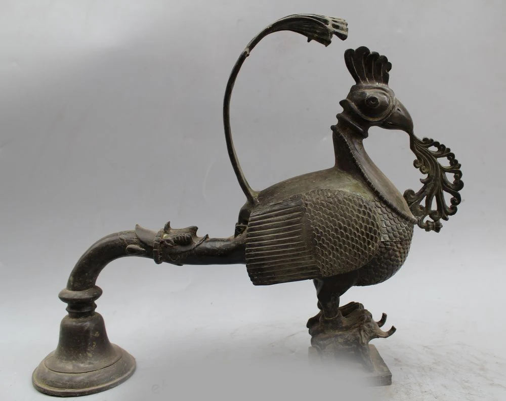 

12" Chinese Dynasty Palace Copper Dragon phoenix Statue Incense Burner Censer