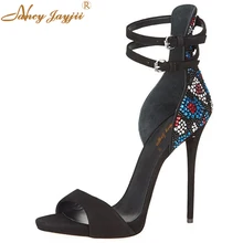 Новые модные летние черные пикантные босоножки на тонком высоком каблуке 12 см с открытым носком, украшенные кристаллами; обувь с пряжкой; размеры 45, 46, 44