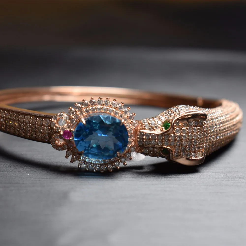 Хорошее ювелирное изделие Настоящее серебро 925 пробы s925 натуральный голубой топаз драгоценные камни Леопард женский новогодний подарок мелкие браслеты для женщин