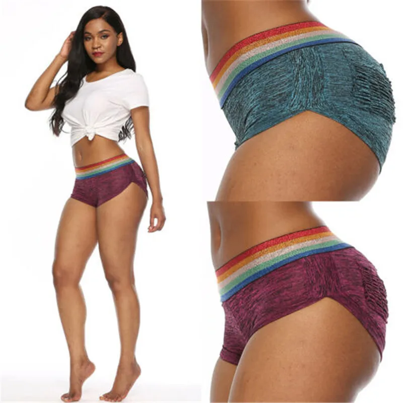 

Sexy Women Swimming Trunks High Waist Swimsuit Two-Piece Separates Bottoms Rainbow Striped Swim Shorts Female Swimming Trunks