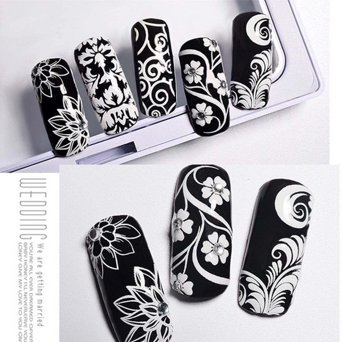 Water transfer applique black and white nail stickers full stickers