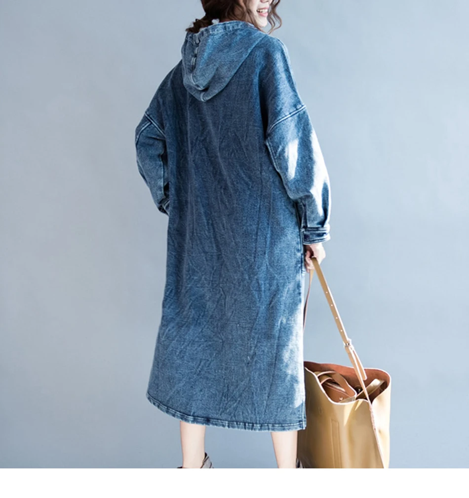 Над размером Синее джинсовое платье Осень Зима Женское свободное платье с капюшоном Платья-макси с длинным рукавом с кепкой большого размера джинсовое платье с карманами