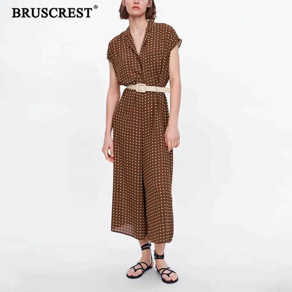 

2019 boho polka dot Brown jumpsuit women Sexy v neck chic sashes summer rompers womens jumpsuit korean streetwear long overalls