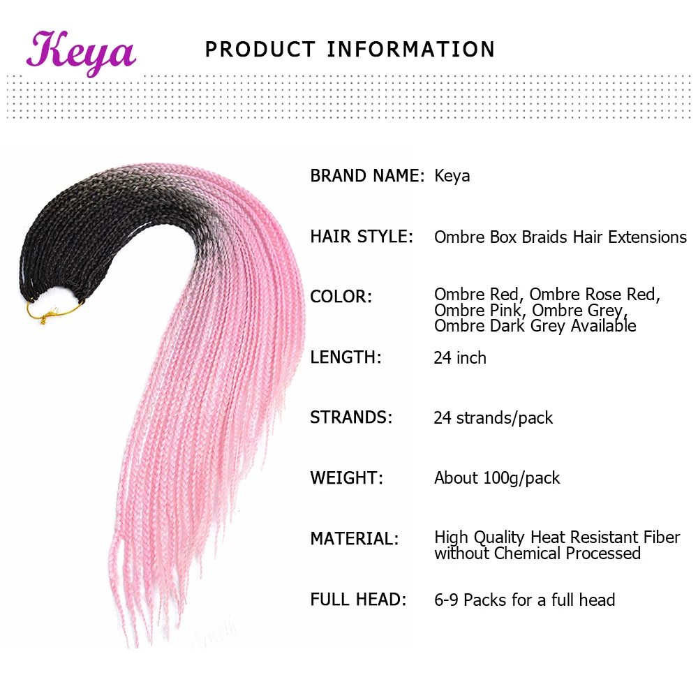 Box Braids Crochet Hair Ombre Pink Synthetic Braiding Hair Extensions 24 Inch Pre-Looped Crochet Braids Colourful African