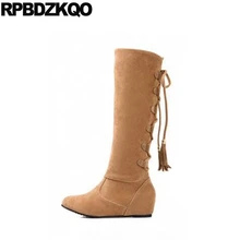 Женские сапоги пикантные желтые тонкие женские сапоги на меху на заказ сапоги до колена с бахромой; большие размеры; женская обувь на шнуровке; Новинка года в китайском стиле