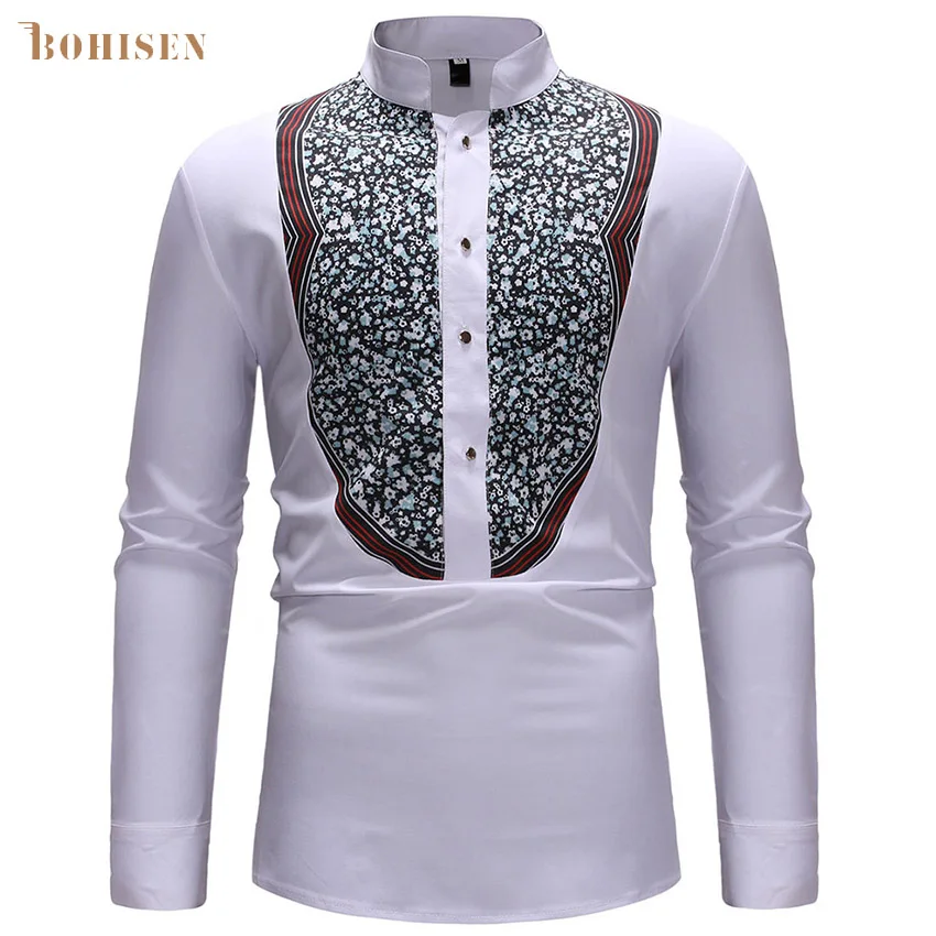

BOHISEN African Print Men Tops T-shirt Dashiki White Long Sleeve Slim Stand Collar Male African Clothes Formal Dress