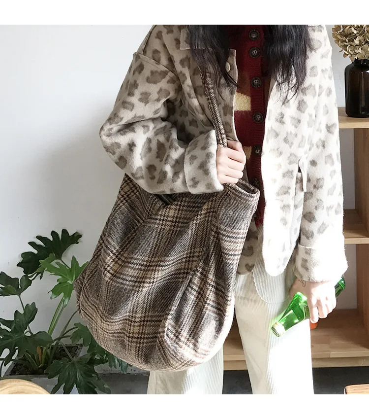 Women Woolen Canvas Bags Scottish Pattern Vintage Plaid Female Large Capacity Big Tote Handbag Ladies Casual Shoulder Bag