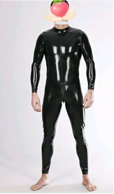 Sexy Full Body Black Mens Latex Catsuit Crotch Zipper In Teddies