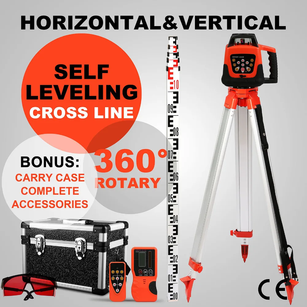 500M Laser Level Rotating Rotary Laser Level Red Beam Auto Self Leveling Cross Line+Tripod+Staff