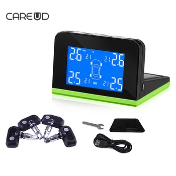 

CAREUD Solar Smart Car TPMS Tyre Pressure Monitoring System Universal Wireless with 4 PCS Internal Sensor PSI/BAR Car Alarm