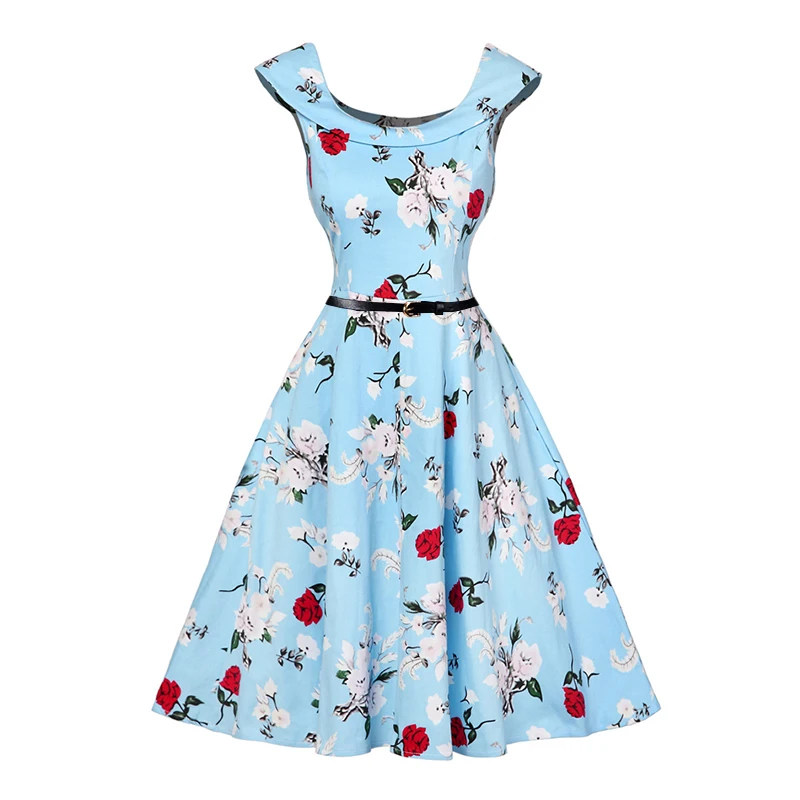 Kostlish Print Summer Dress Women 2017 Cotton Sleeveless 50s Vintage Dress With Belt Elegant Rockabilly Party Dresses Sundress (105)