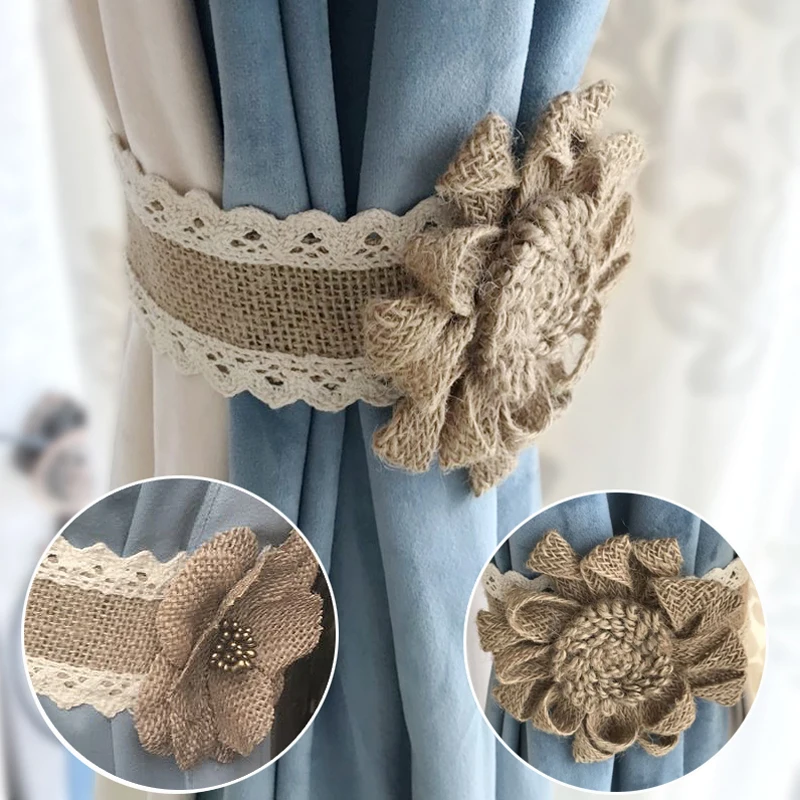 Pastoral Hand woven Lace Curtain Decoration Floral Pearl Bow Linen