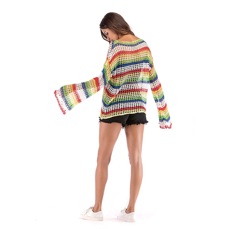 Rainbow Striped Loose Knitted pullover Women Spring Autumn Hollow Out Thin HOODY Oversized Pullovers Female Jumper Rainbow Striped Loose Knitted pullover Women Spring Autumn Hollow Out Thin HOODY Oversized Pullovers Female Jumper