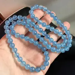 7,5 мм из натуральной синий Аквамариновый браслет 3 круга Для женщин Для мужчин вечерние подарок стрейч хрустальный круглый шарик украшение