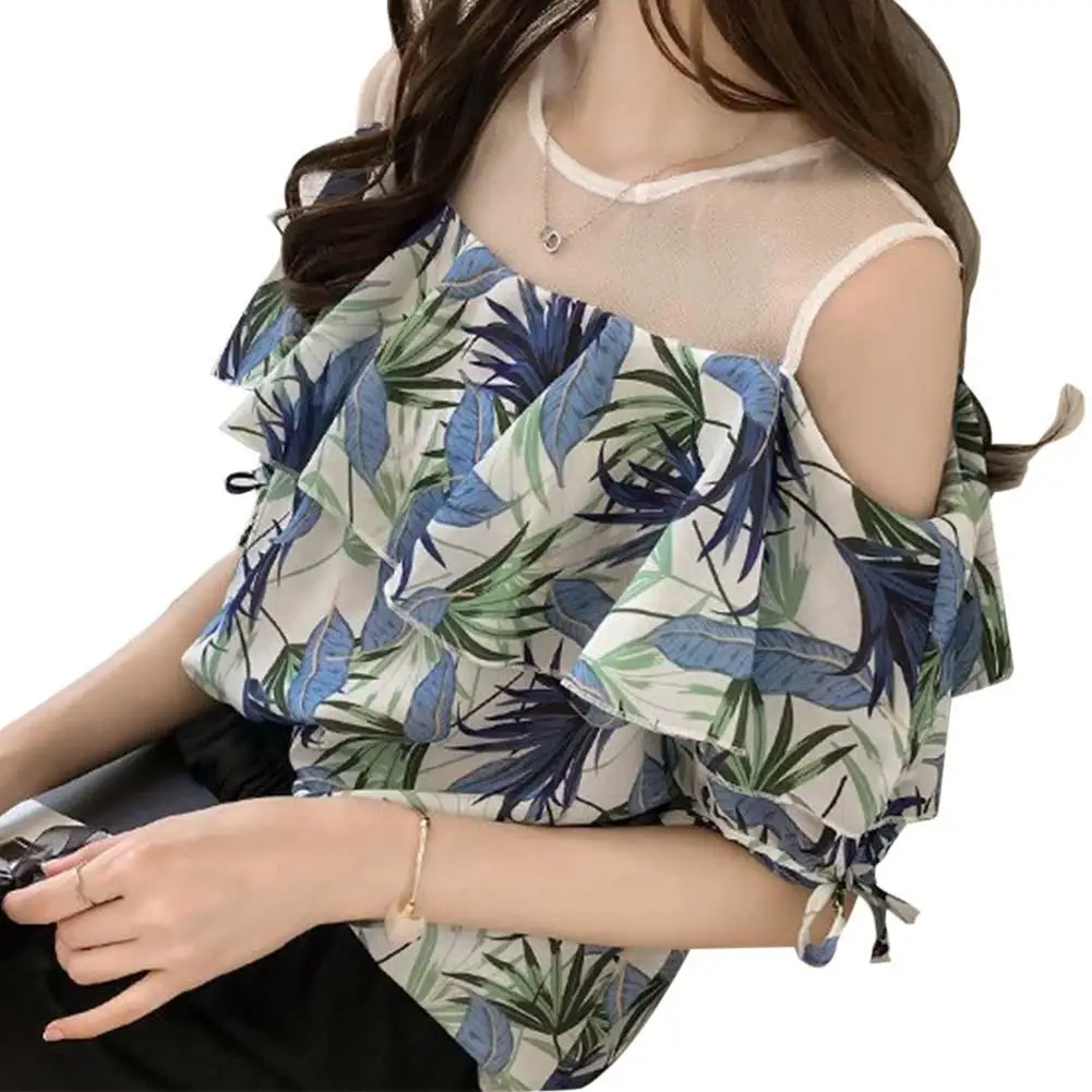 

2019 New Yfashion Women Summer Simple Fashion Printing Mesh Splice Ruffled Off Shoulder Shirt