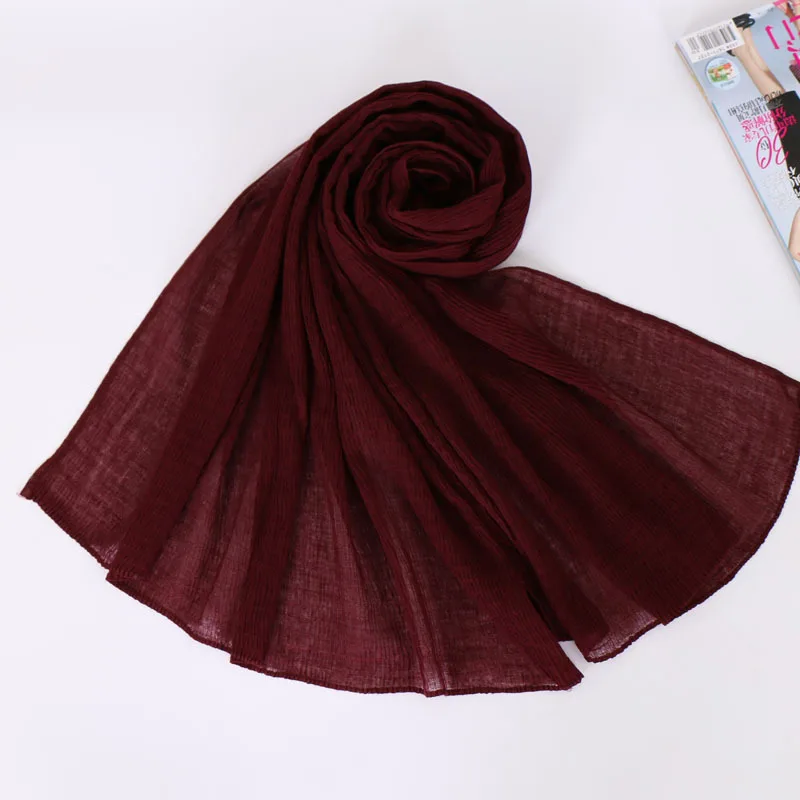 Балийский хлопковый плиссированный платок, простая длинная шаль, смятая обертка, исламский женский шарф, сморщенный мусульманский хиджаб, тюрбан, палантин 90*180 см - Цвет: Burgundy